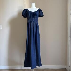 Denim cotton prairie maxi dress, puff sleeves